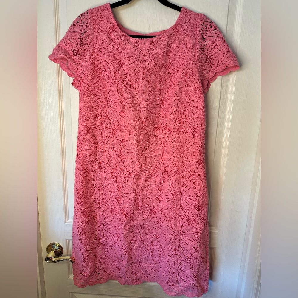 Elegant Pink Crocheted Lace Shift Dress
